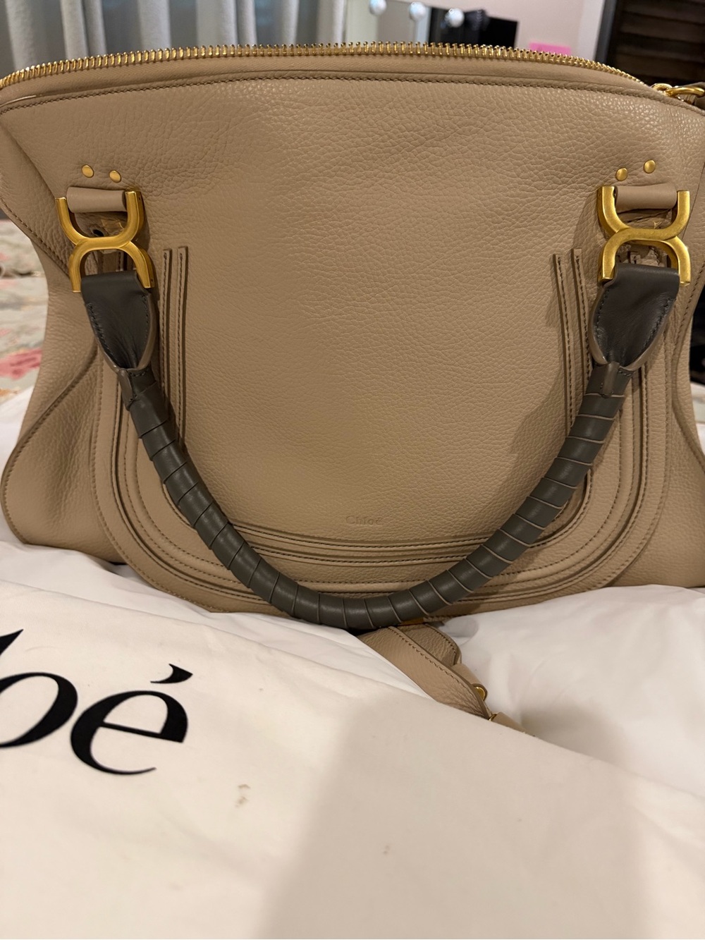 Chloé Taupe-Beige Leather Shoulder Bag with Dark Taupe Wrapped Handle
